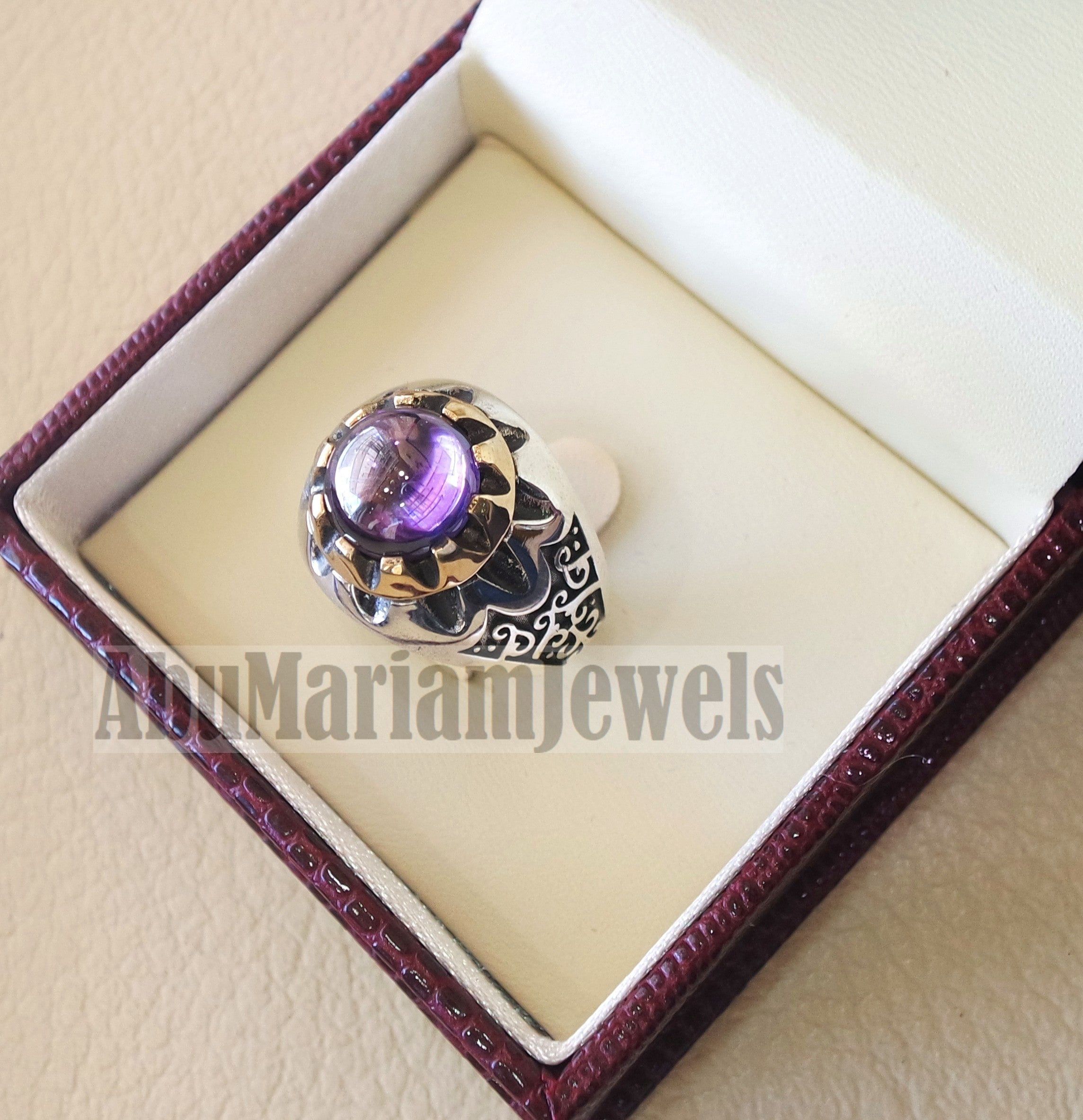 Round purple tanzanite amethyst color synthetic imitation stone sterling silver 925 bronze stunning ring all sizes middle eastern jewelry