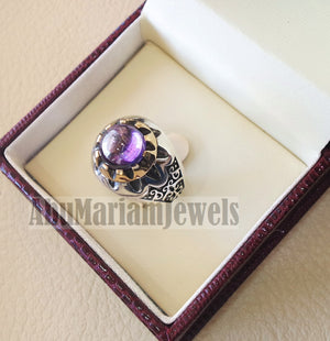 Round purple tanzanite amethyst color synthetic imitation stone sterling silver 925 bronze stunning ring all sizes middle eastern jewelry