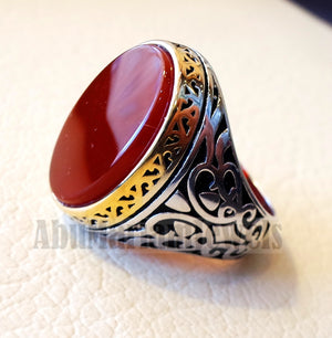 aqeeq natural flat agate carnelian stone oval red cabochon gem man ring sterling silver and yellow plating frame arabic turkey style