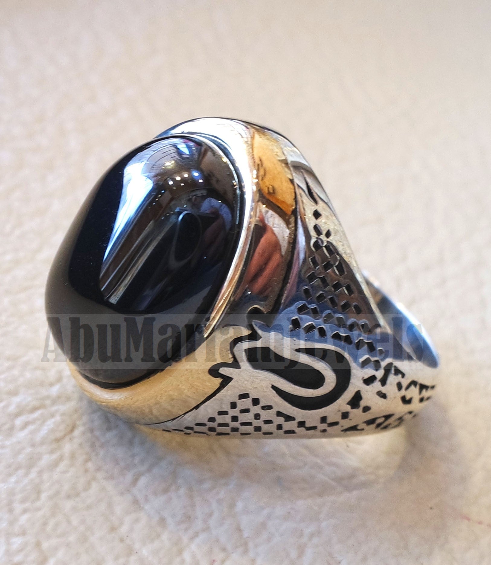 natural onyx agate black stone sterling silver 925 men ring gift arabic turkish ottoman antique style all sizes jewelry with bronze frame