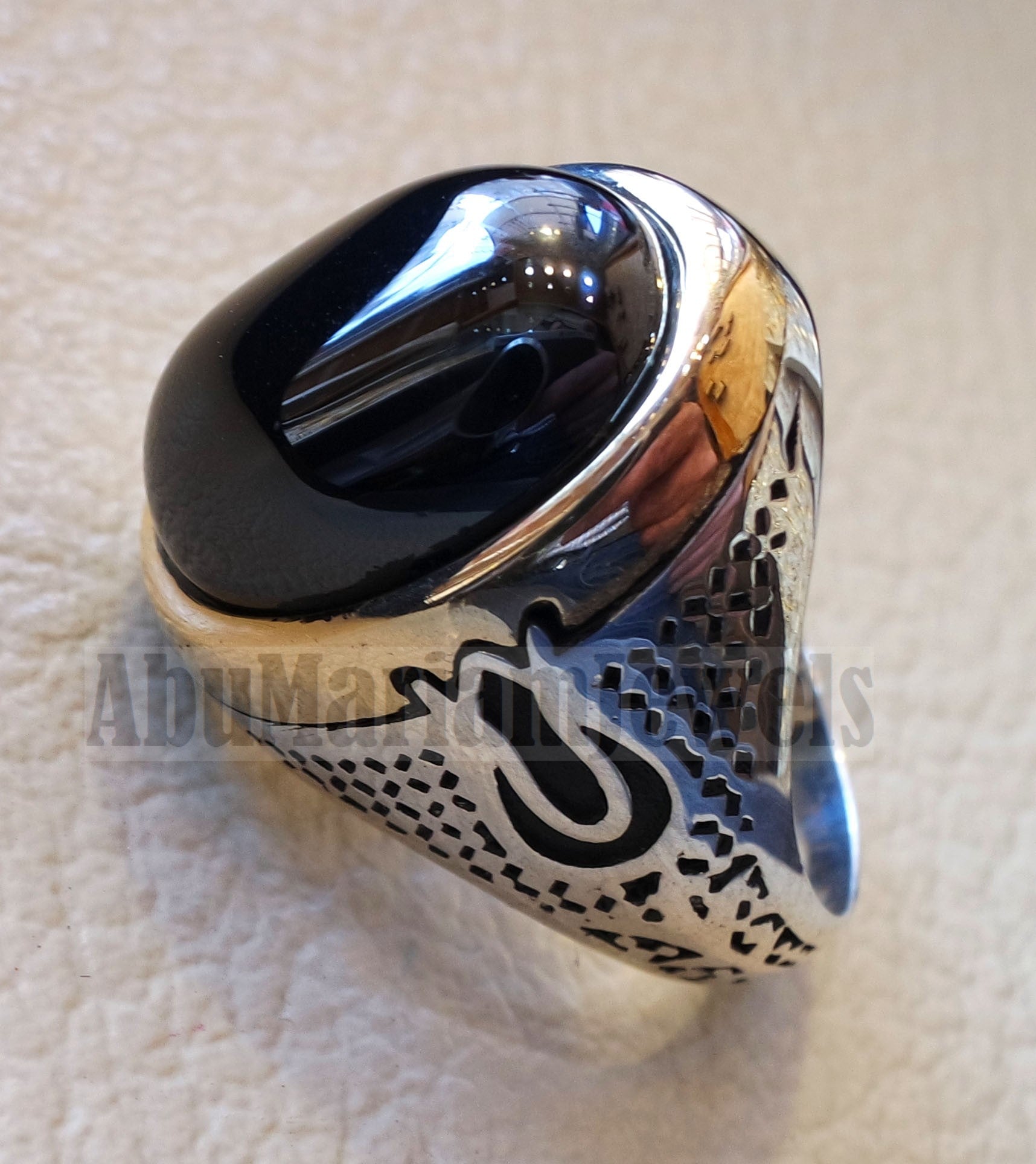 natural onyx agate black stone sterling silver 925 men ring gift arabic turkish ottoman antique style all sizes jewelry with bronze frame