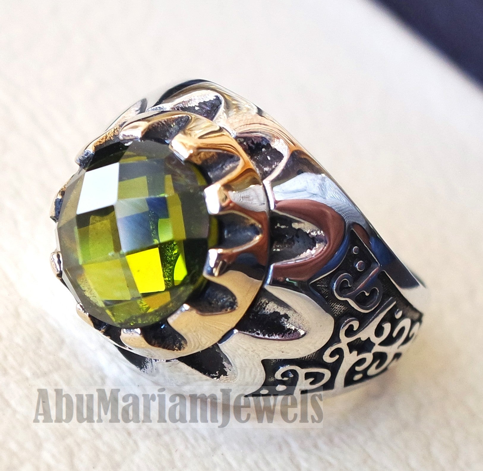 round peridot green cabochon imitation sterling silver 925 men ring all sizes arabic turkish ottoman jewelry bronze frame زبرجد