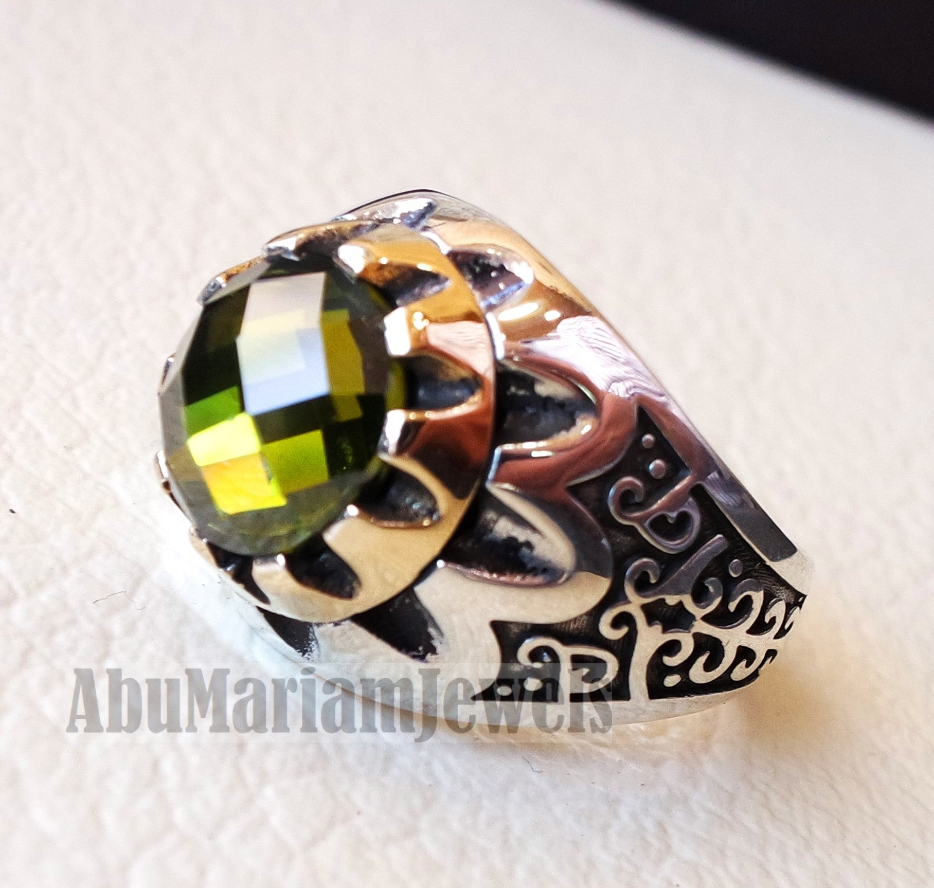 round peridot green cabochon imitation sterling silver 925 men ring all sizes arabic turkish ottoman jewelry bronze frame زبرجد