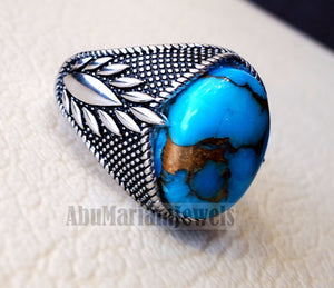 man ring copper turquoise natural stone sterling silver 925 oval cabochon semi precious gem ottoman arabic style all sizes jewelry فيروز