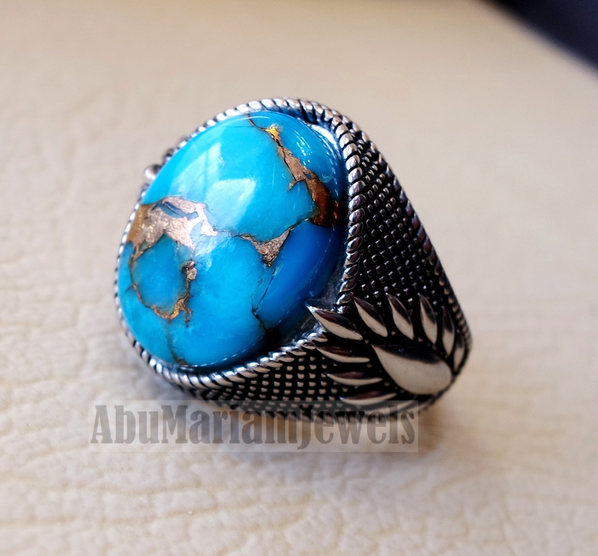 man ring copper turquoise natural stone sterling silver 925 oval cabochon semi precious gem ottoman arabic style all sizes jewelry فيروز