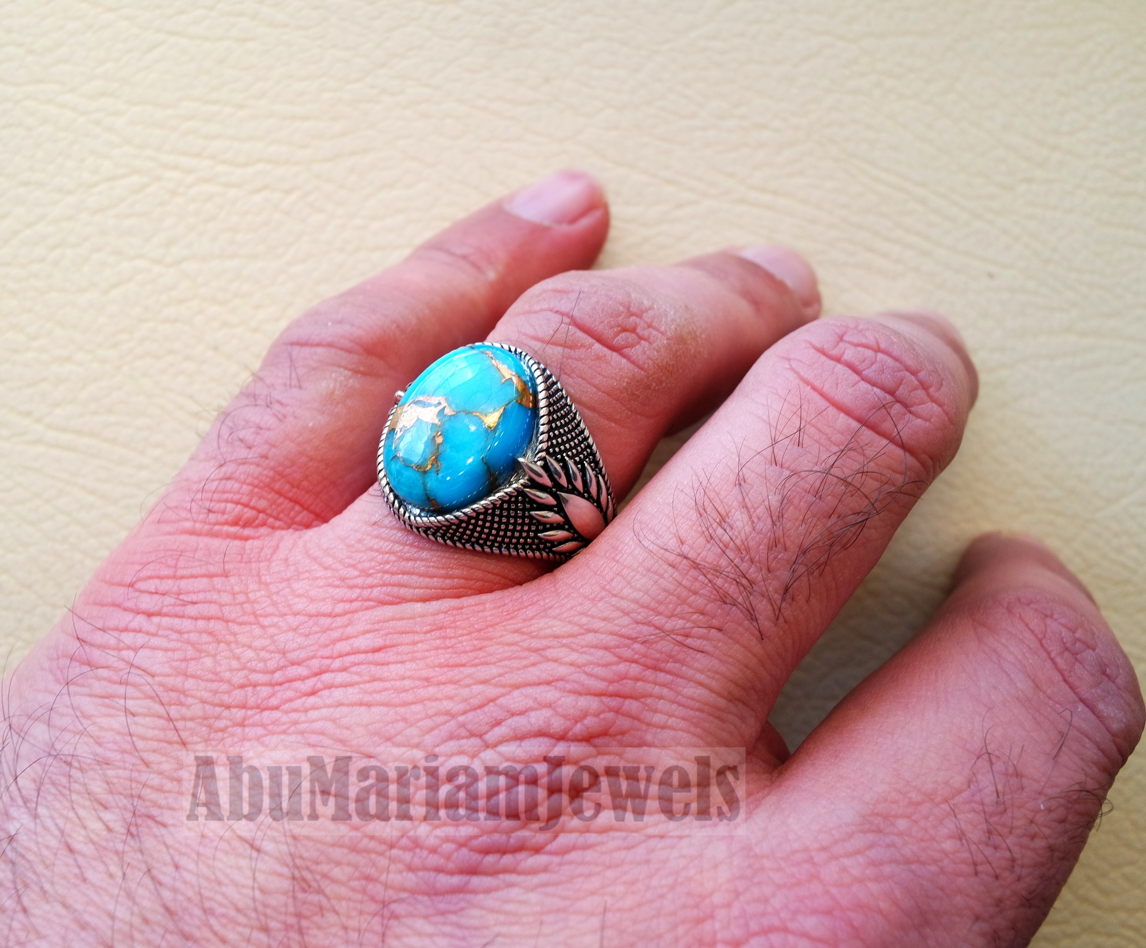 man ring copper turquoise natural stone sterling silver 925 oval cabochon semi precious gem ottoman arabic style all sizes jewelry فيروز