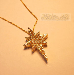 Honeycomb north star 3d 18K yellow gold necklace pendant and chain fine jewelry full insured shipping
