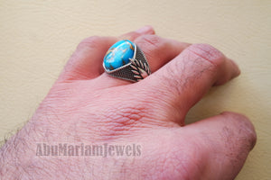 man ring copper turquoise natural stone sterling silver 925 oval cabochon semi precious gem ottoman arabic style all sizes jewelry فيروز