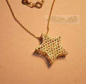 Honeycomb star 3d 18K yellow gold necklace pendant and chain fine jewelry full insured shipping