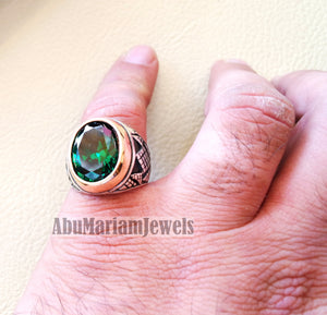 deep vivid fancy green synthetic corundum emerald stone high quality stone sterling silver 925 men ring and bronze frame all sizes jewelry