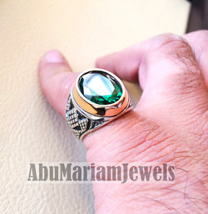 deep vivid fancy green synthetic corundum emerald stone high quality stone sterling silver 925 men ring and bronze frame all sizes jewelry