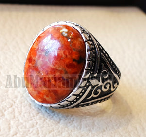 Sponge coral Murjan men ring orange brown red natural stone sterling silver 925 vintage turkish style all sizes fast shipping مرجان