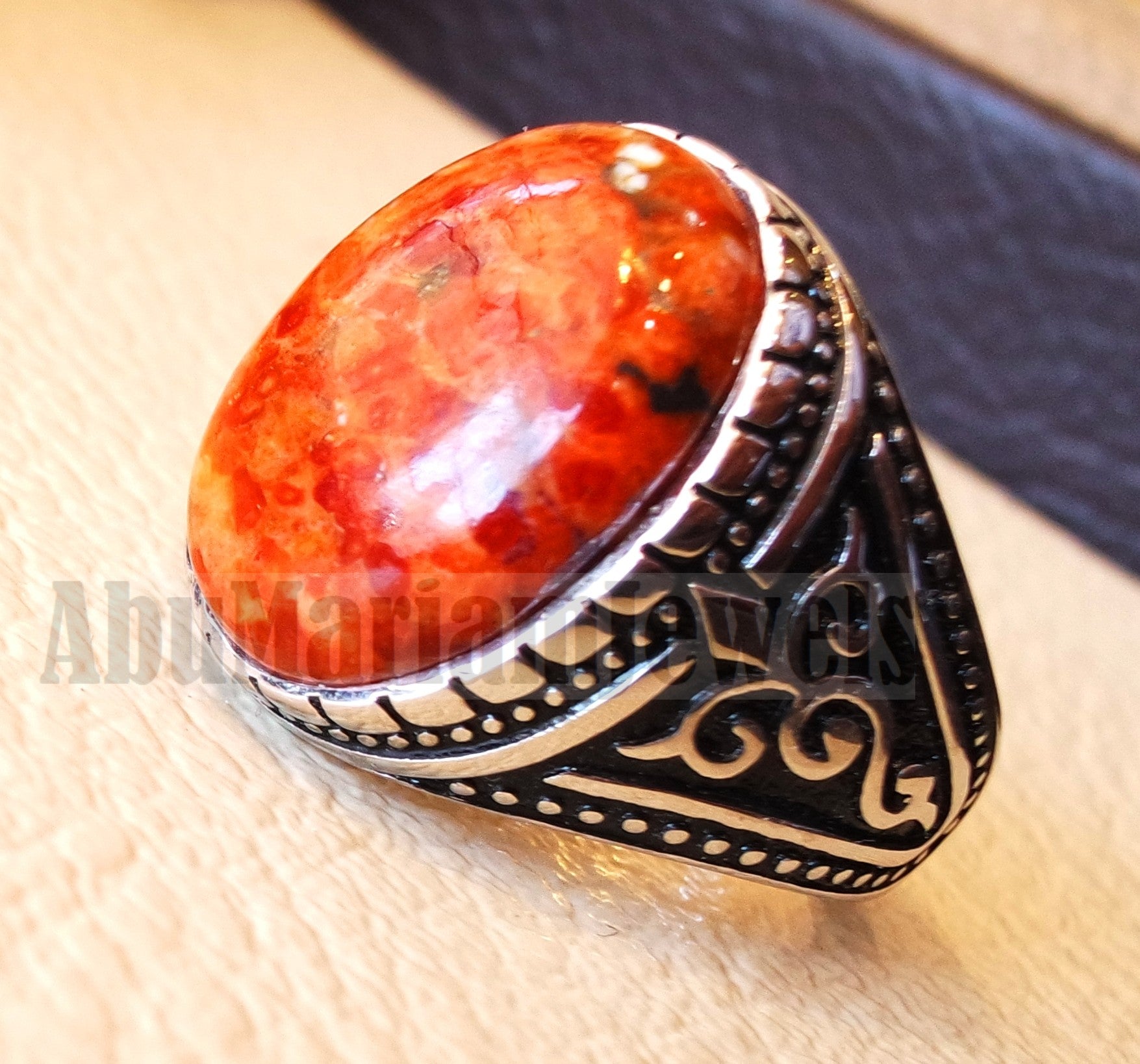 Sponge coral Murjan men ring orange brown red natural stone sterling silver 925 vintage turkish style all sizes fast shipping مرجان