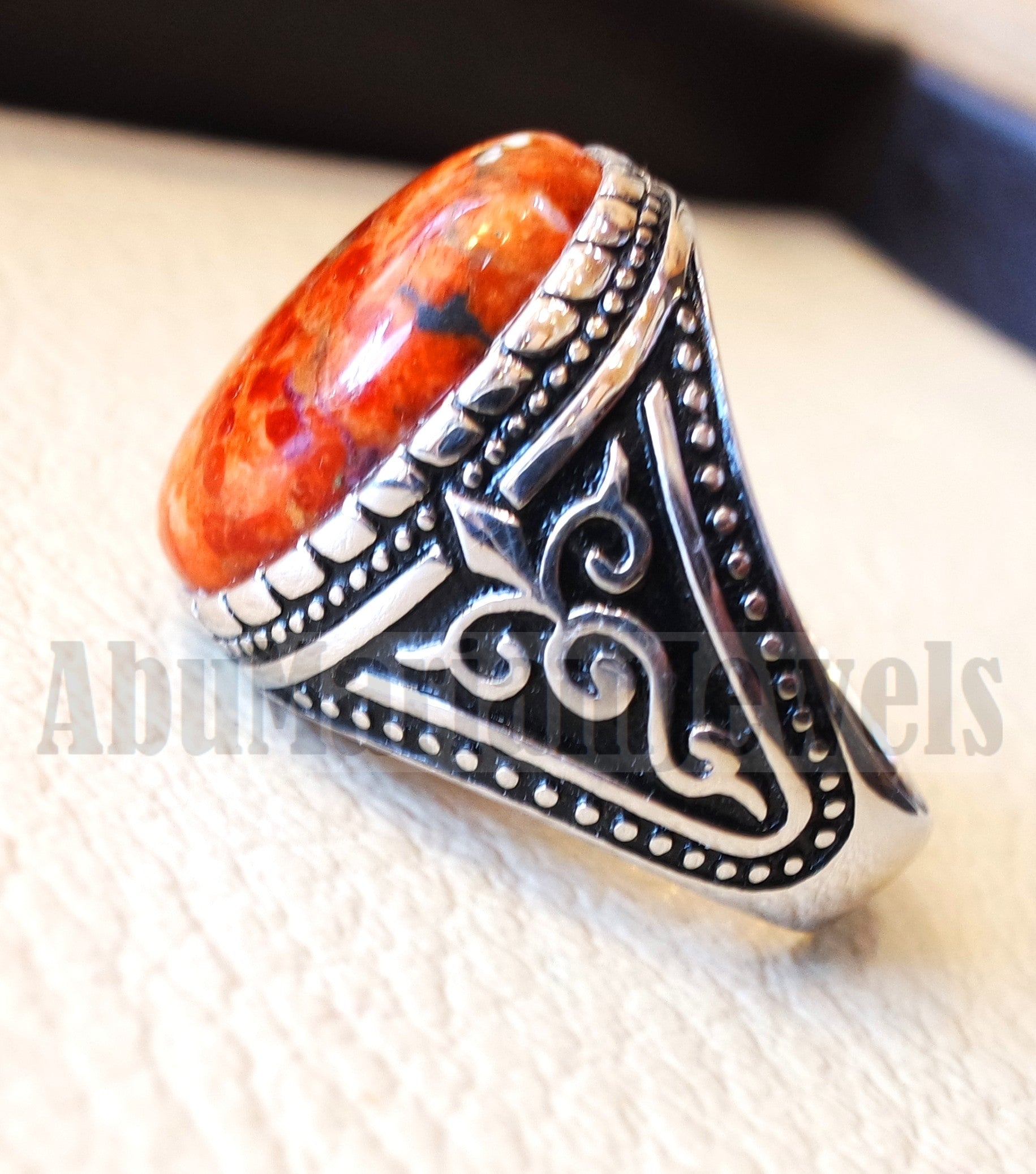 Sponge coral Murjan men ring orange brown red natural stone sterling silver 925 vintage turkish style all sizes fast shipping مرجان