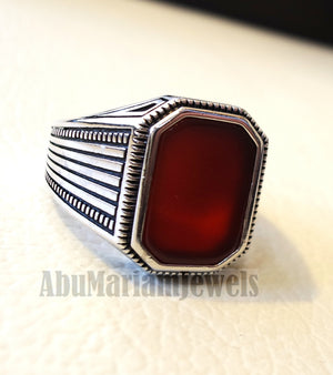 cushion rectangular octagon agate dark red aqeeq carnelian man ring sterling silver 925 natural stone gem all sizes jewelry fast shipping