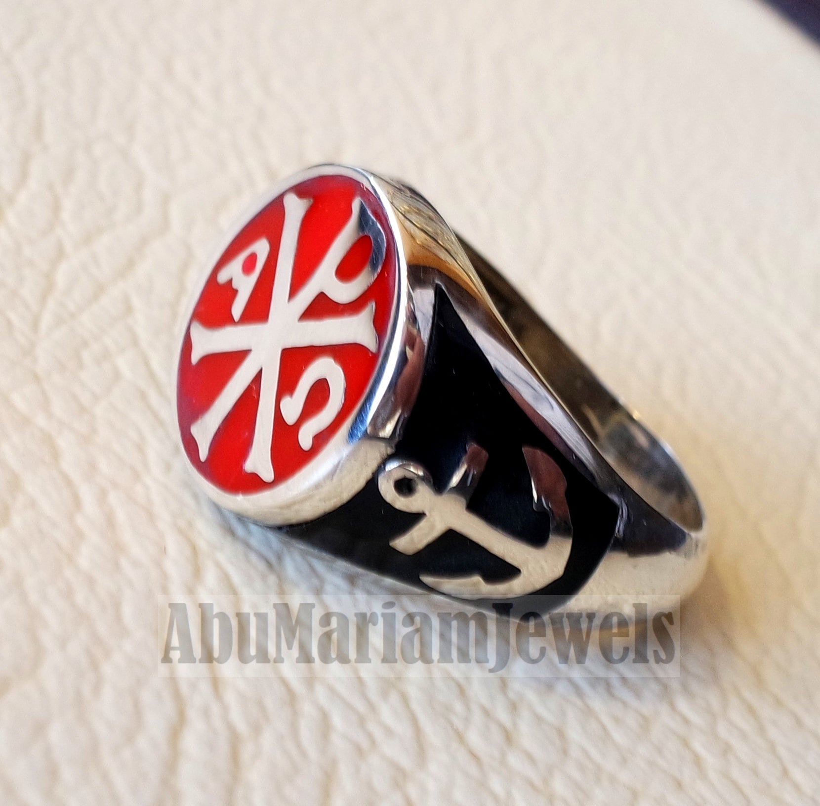 Chi Rho anchor on the sides cross christ christian symbol sterling silver 925 with red and black enamel man round ring jewelry fast shipping
