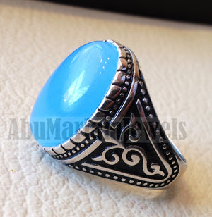 Blue Chalcedony men ring natural stone sterling silver 925 vintage turkish style all sizes jewelry fast shipping عقيق