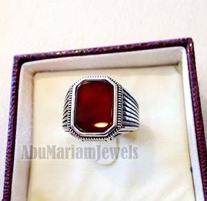 cushion rectangular octagon agate dark red aqeeq carnelian man ring sterling silver 925 natural stone gem all sizes jewelry fast shipping