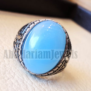 Blue Chalcedony men ring natural stone sterling silver 925 vintage turkish style all sizes jewelry fast shipping عقيق