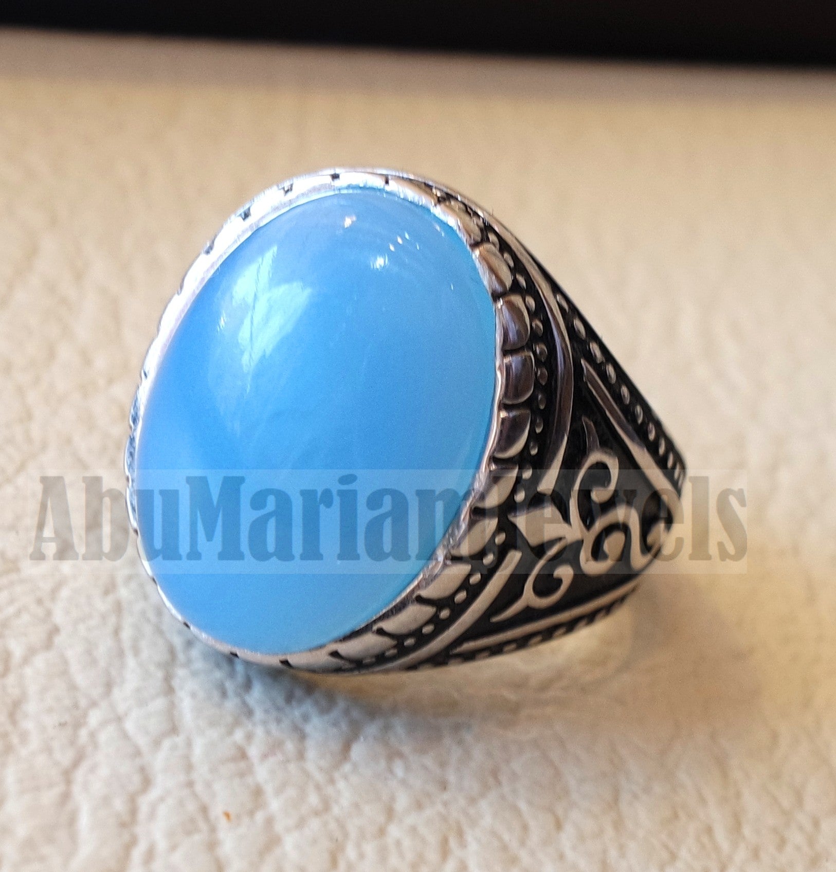 Blue Chalcedony men ring natural stone sterling silver 925 vintage turkish style all sizes jewelry fast shipping عقيق