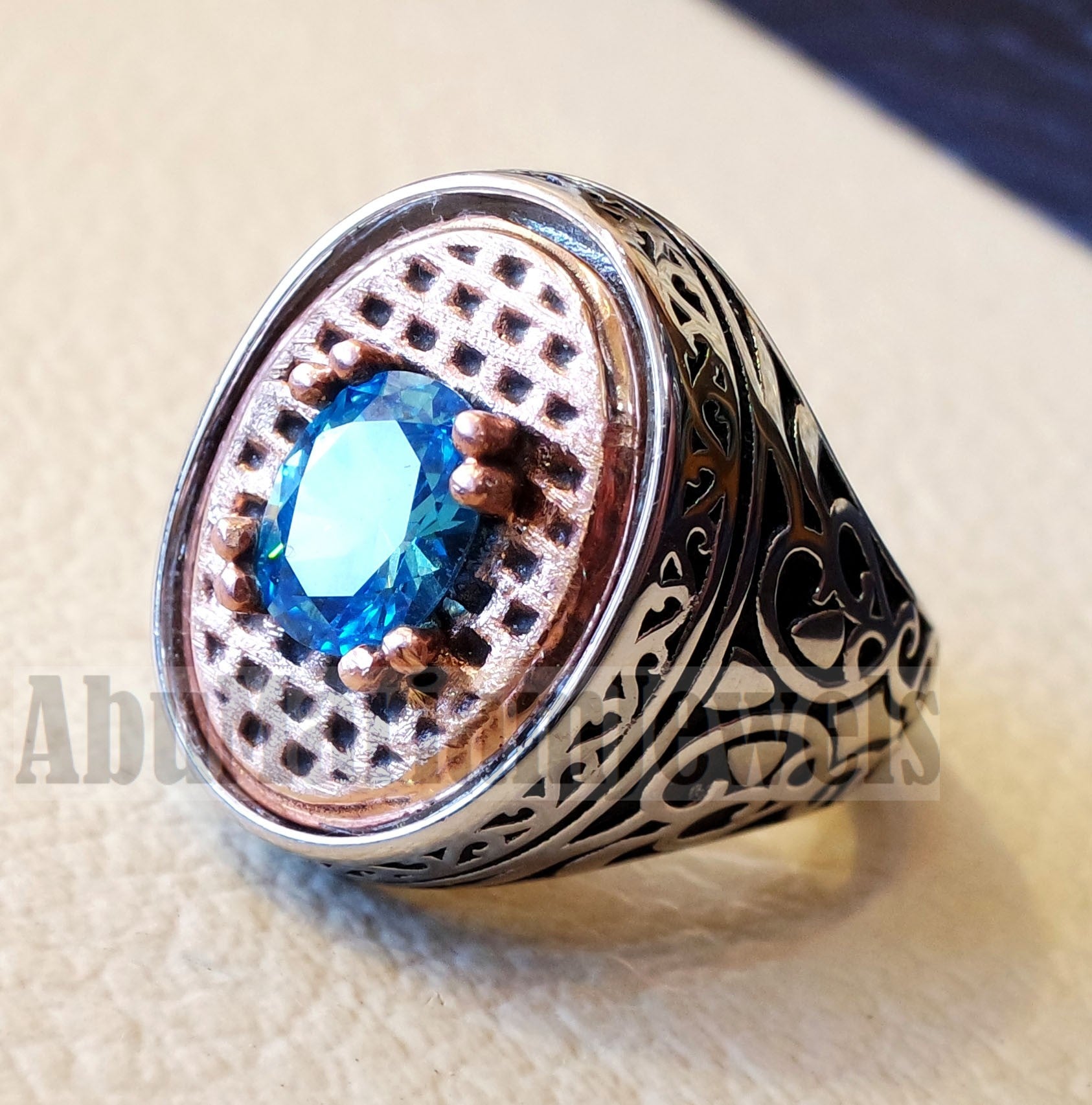 deep vivid sky blue cubic zirconia oval stone highest quality stone sterling silver 925 men ring and bronze frame all sizes jewelry