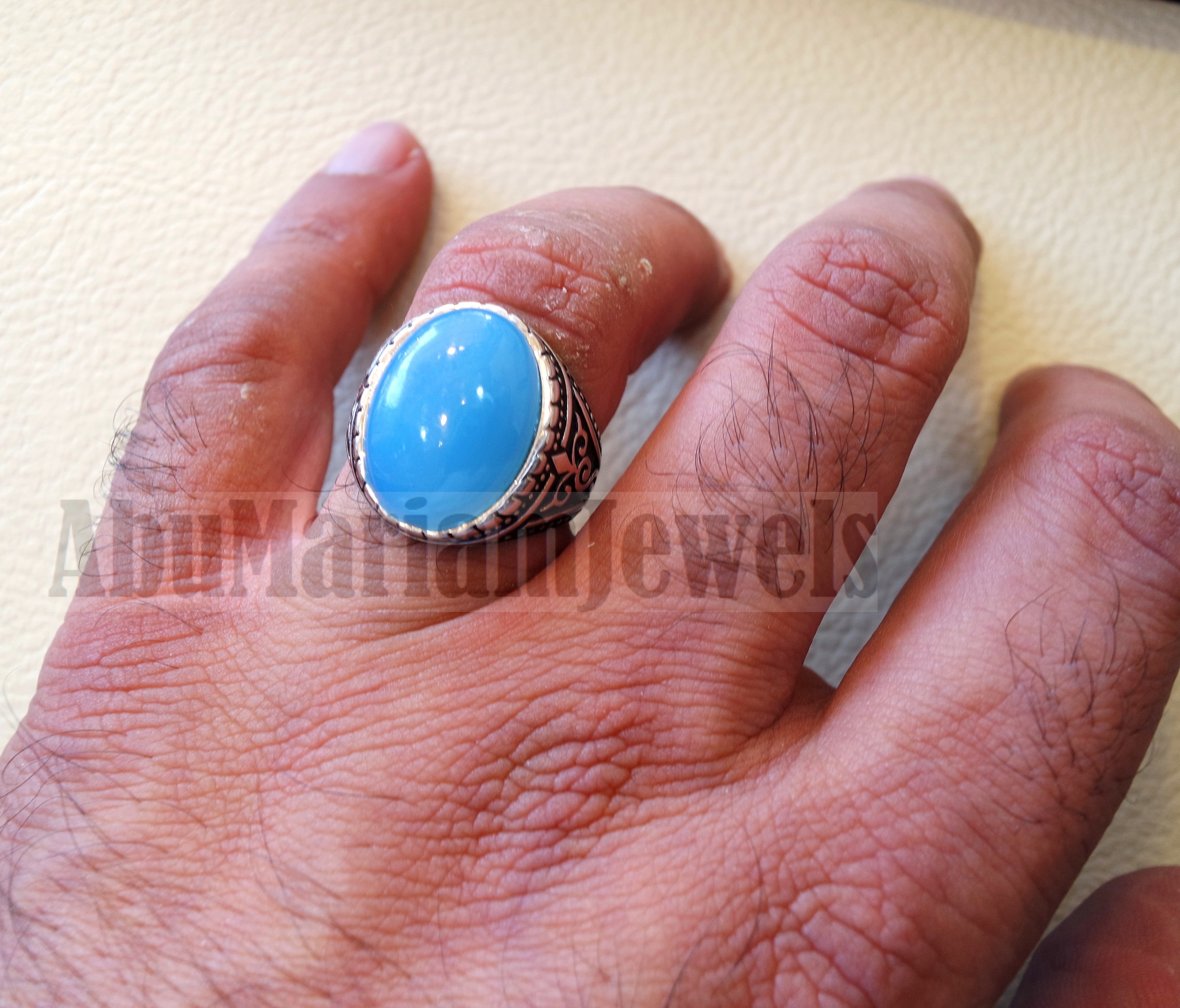 Blue Chalcedony men ring natural stone sterling silver 925 vintage turkish style all sizes jewelry fast shipping عقيق