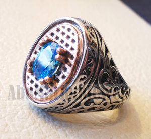 deep vivid sky blue cubic zirconia oval stone highest quality stone sterling silver 925 men ring and bronze frame all sizes jewelry