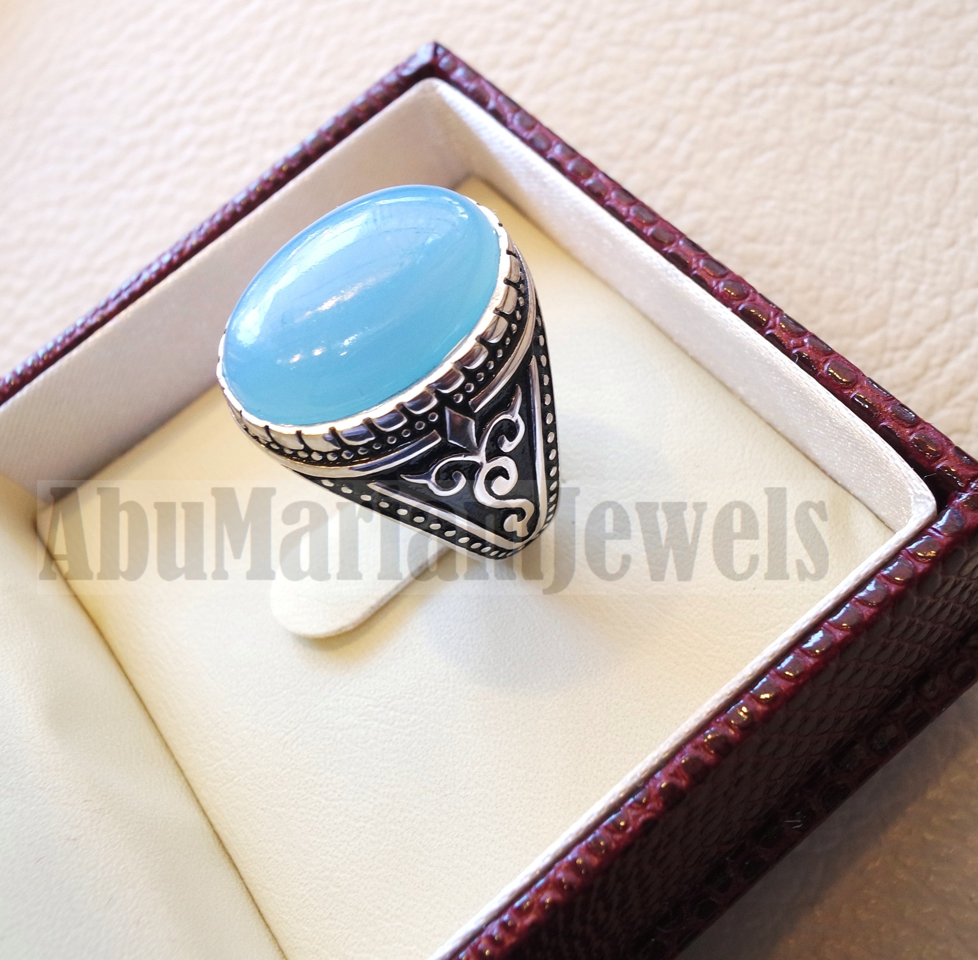 Blue Chalcedony men ring natural stone sterling silver 925 vintage turkish style all sizes jewelry fast shipping عقيق