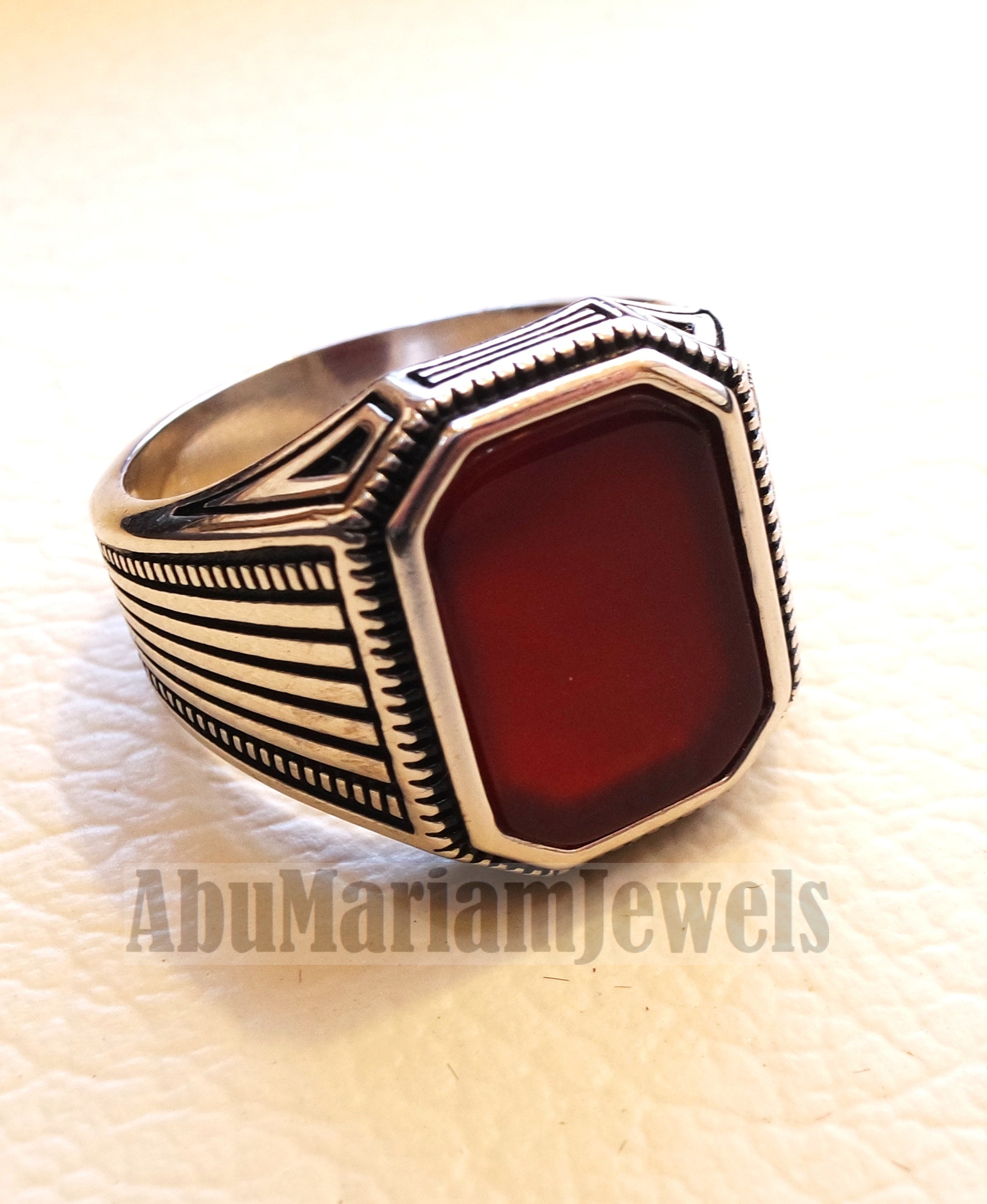 cushion rectangular octagon agate dark red aqeeq carnelian man ring sterling silver 925 natural stone gem all sizes jewelry fast shipping