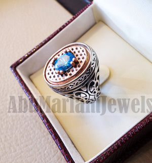 deep vivid sky blue cubic zirconia oval stone highest quality stone sterling silver 925 men ring and bronze frame all sizes jewelry