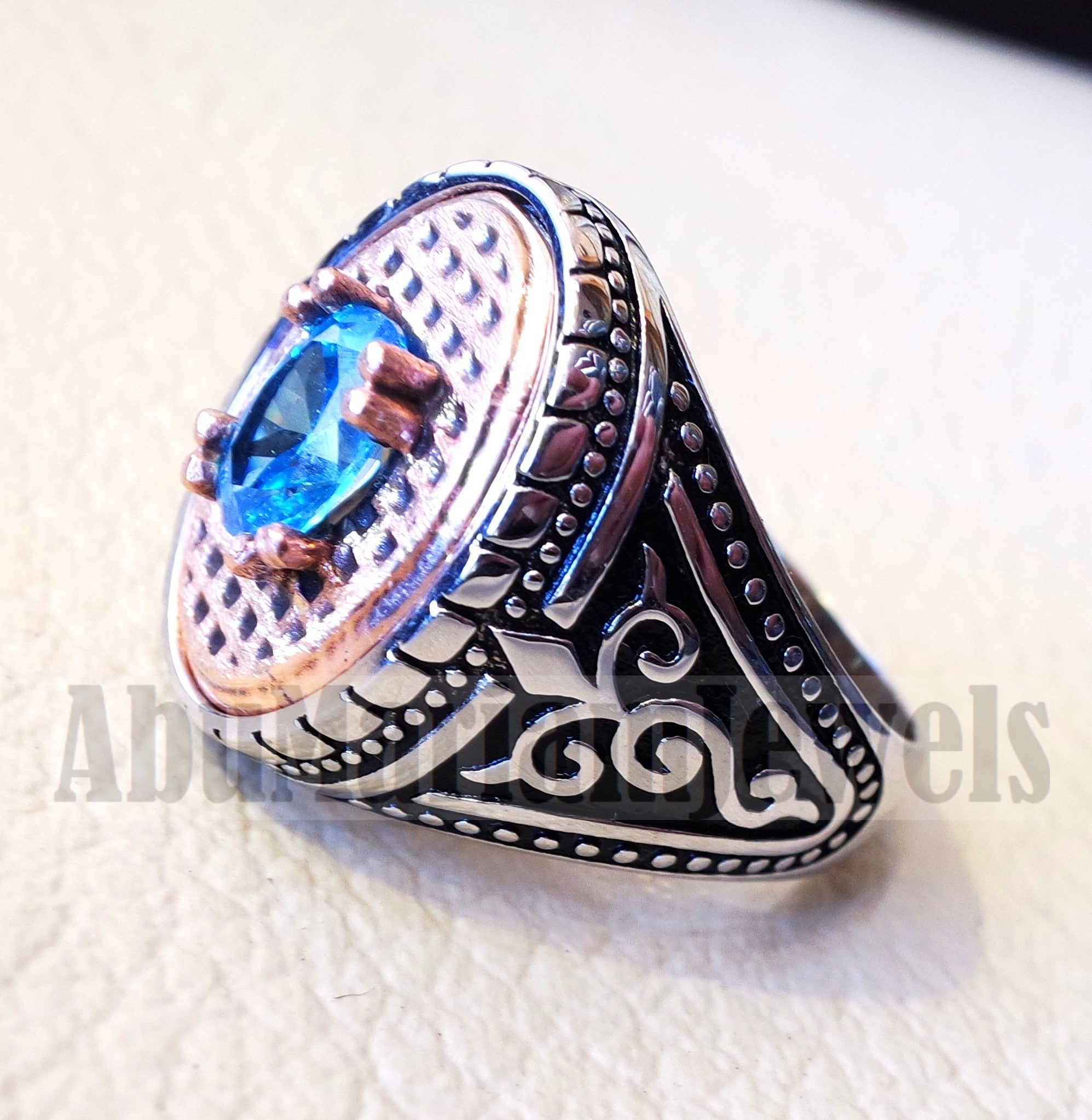 deep vivid sky blue cubic zirconia oval stone highest quality stone sterling silver 925 men ring and bronze frame all sizes jewelry Br102