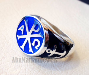 Chi Rho anchor on the sides cross christ christian symbol sterling silver 925 with dark blue enamel man round ring jewelry fast shipping