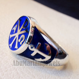 Chi Rho anchor on the sides cross christ christian symbol sterling silver 925 with dark blue enamel man round ring jewelry fast shipping