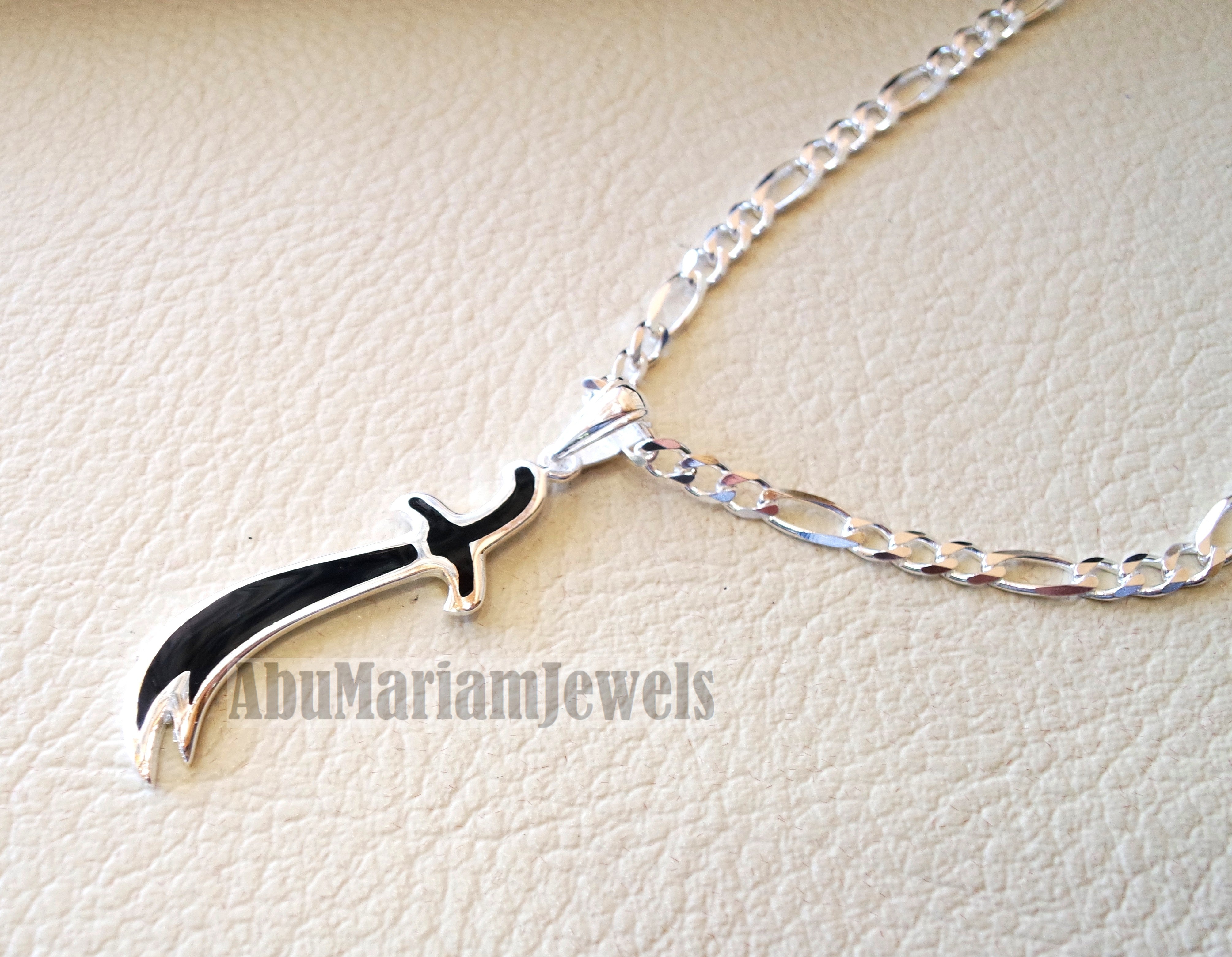 sword necklace with thick chain big size sterling silver 925 and black enamel handmade Zo Alfaqar Saif express fast shipping with gift jewelry box