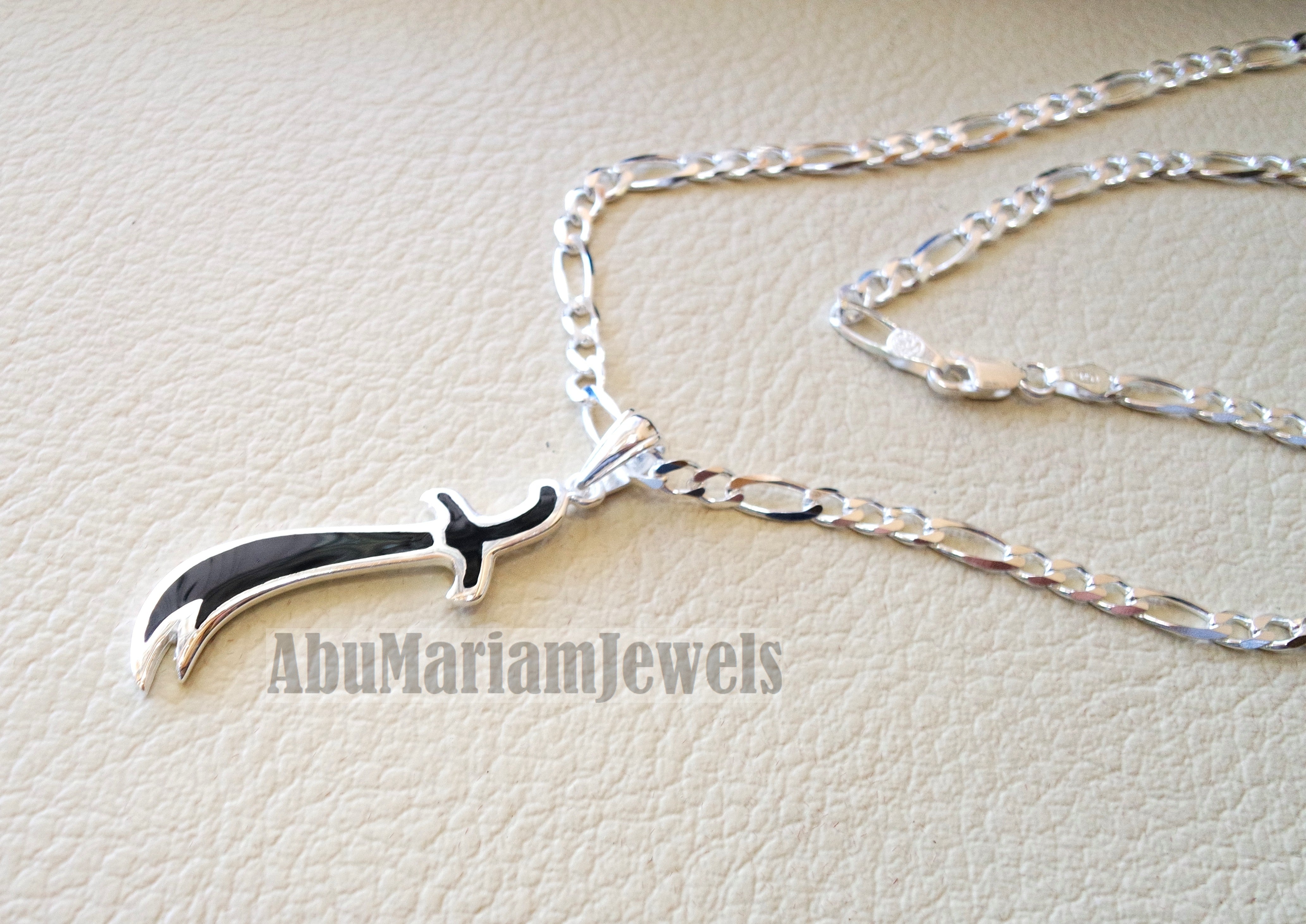 sword necklace with thick chain big size sterling silver 925 and black  enamel handmade Zo Alfaqar Saif express fast shipping with gift jewelry box
