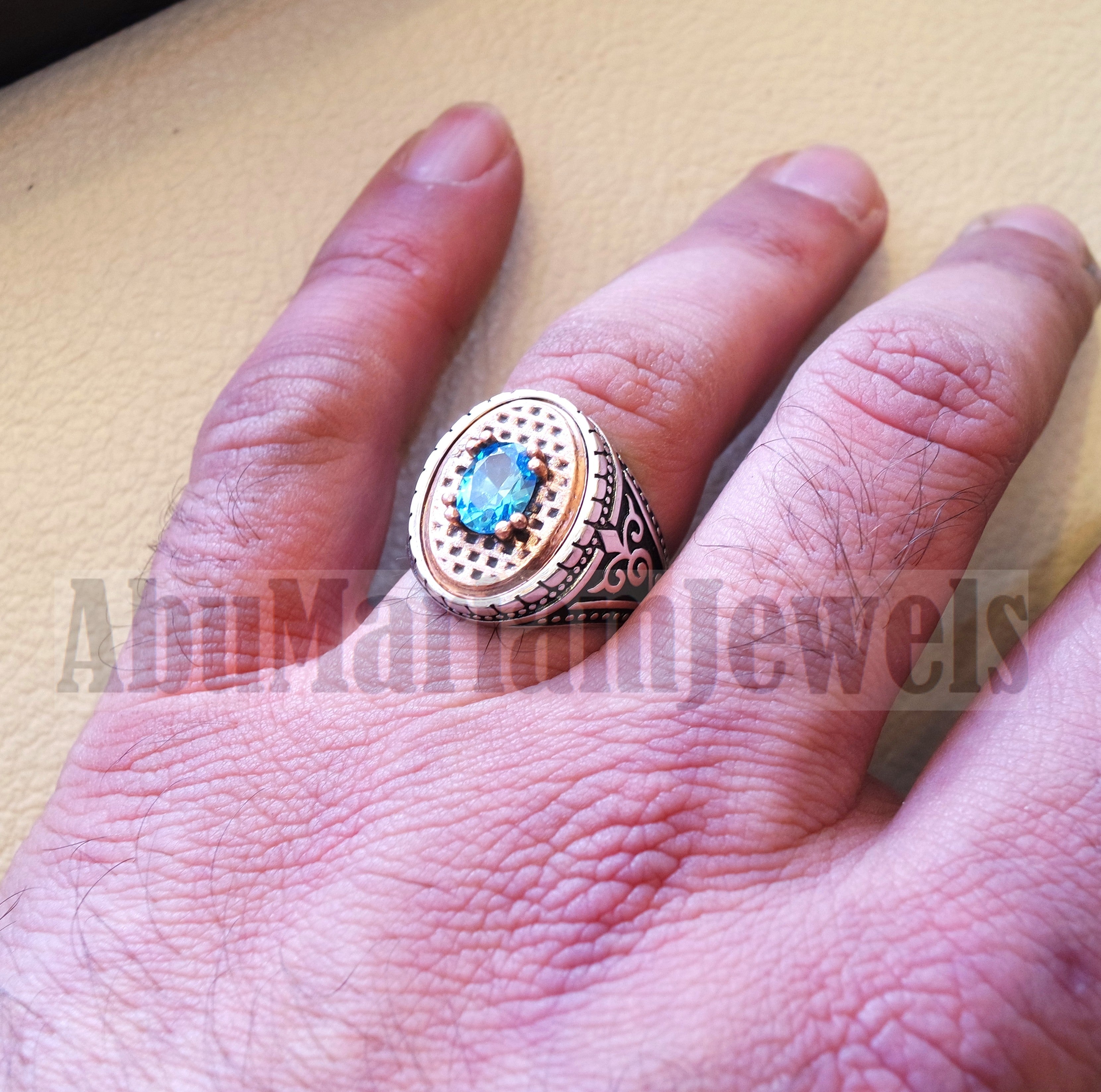 deep vivid sky blue cubic zirconia oval stone highest quality stone sterling silver 925 men ring and bronze frame all sizes jewelry Br102