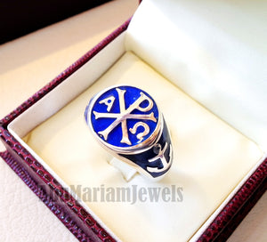 Chi Rho anchor on the sides cross christ christian symbol sterling silver 925 with dark blue enamel man round ring jewelry fast shipping