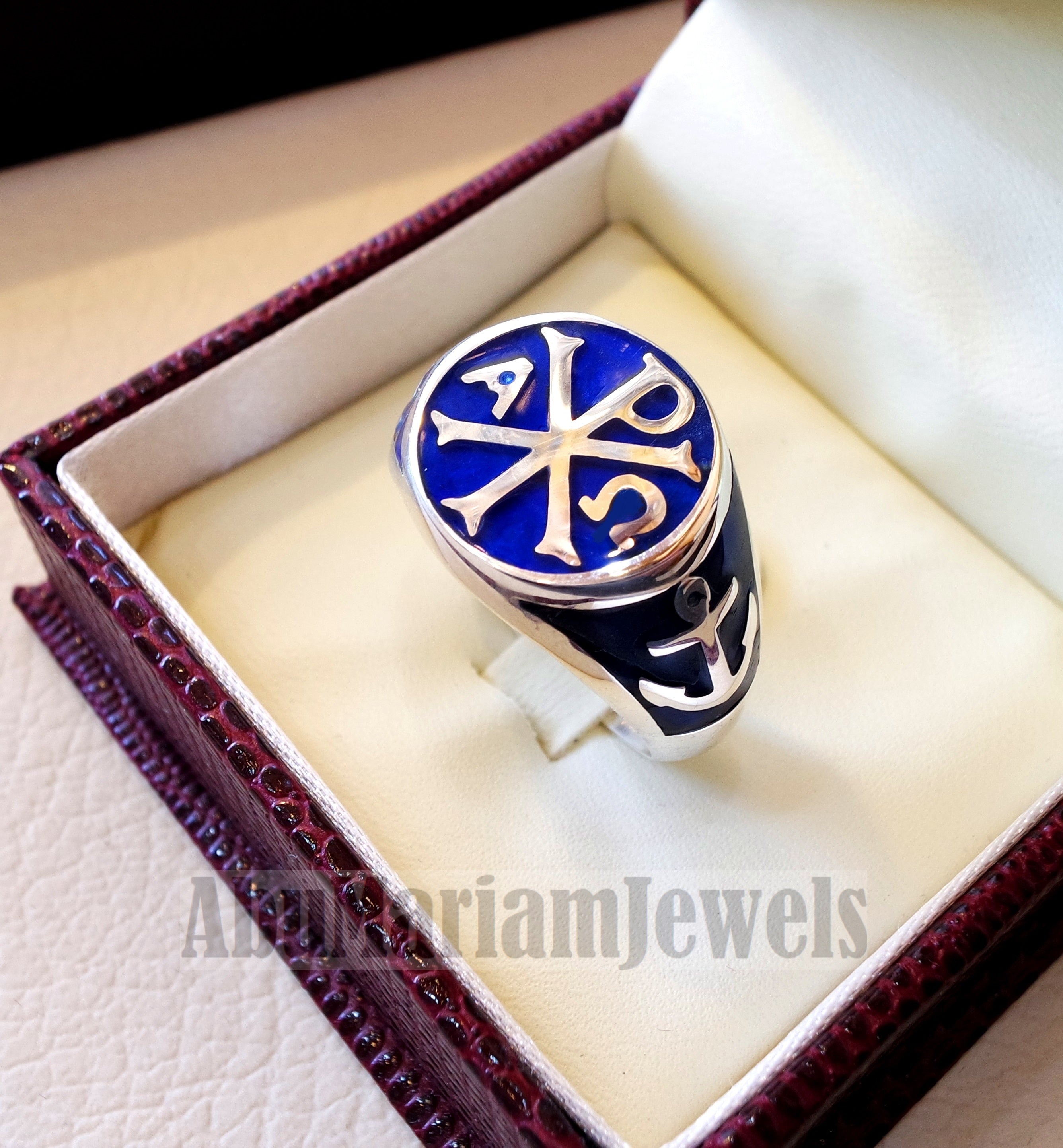 Chi Rho anchor on the sides cross christ christian symbol sterling silver 925 with dark blue enamel man round ring jewelry fast shipping