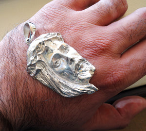 Jesus Christ face head huge pendant and chain sterling silver 925 middle eastern jewelry christianity vintage handmade heavy fast shipping