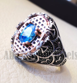 deep vivid sky blue cubic zirconia oval stone highest quality stone sterling silver 925 men ring and bronze frame all sizes jewelry Br103