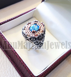 deep vivid sky blue cubic zirconia oval stone highest quality stone sterling silver 925 men ring and bronze frame all sizes jewelry Br103