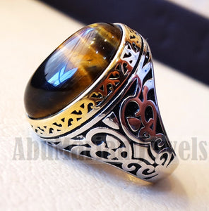 Tiger eye men ring sterling silver 925 cat eye 14 k plated frame natural stone any size ottoman turkish middle eastern arabic jewelry