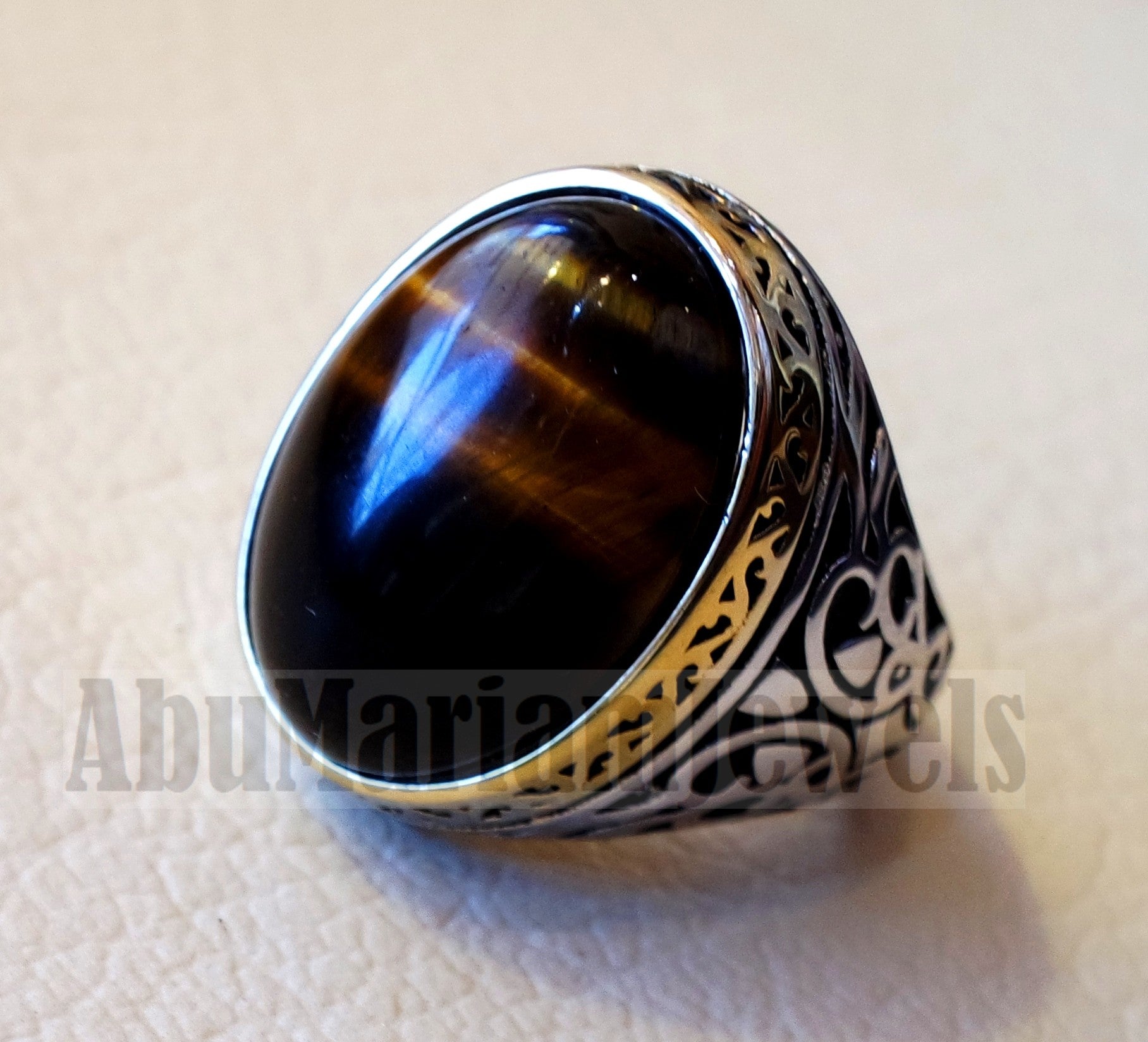 Tiger eye men ring sterling silver 925 cat eye 14 k plated frame natural stone any size ottoman turkish middle eastern arabic jewelry