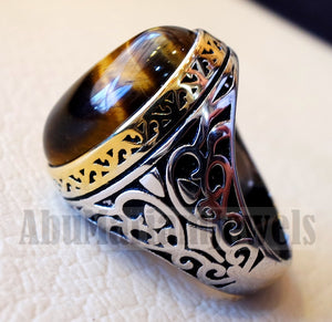 Tiger eye men ring sterling silver 925 cat eye 14 k plated frame natural stone any size ottoman turkish middle eastern arabic jewelry