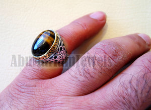 Tiger eye men ring sterling silver 925 cat eye 14 k plated frame natural stone any size ottoman turkish middle eastern arabic jewelry
