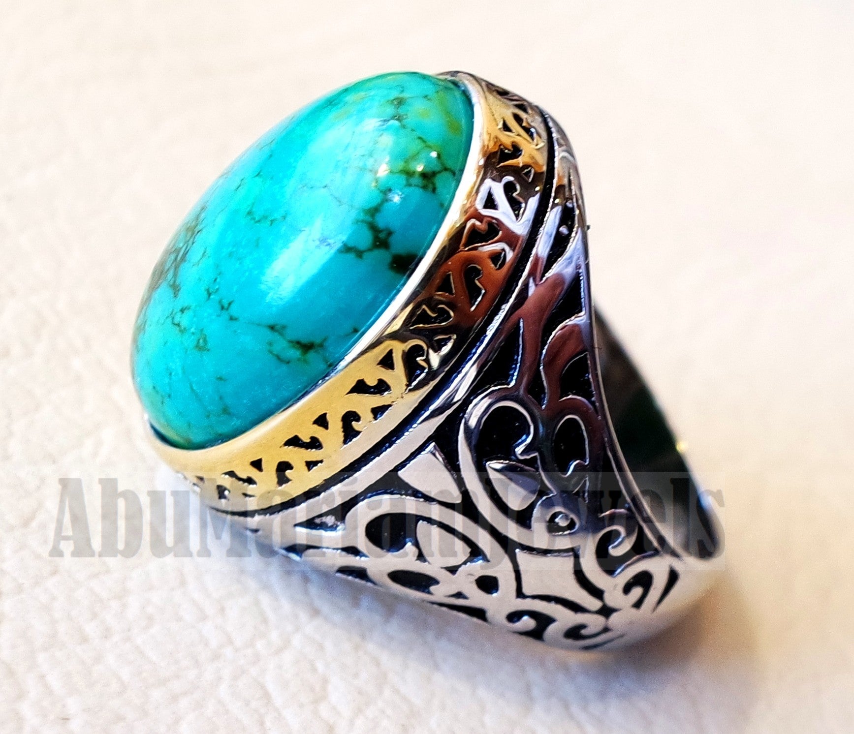 man ring nishapur tibet turquoise blue natural high quality stone sterling silver 925 and gold plated frame gem middle eastern style