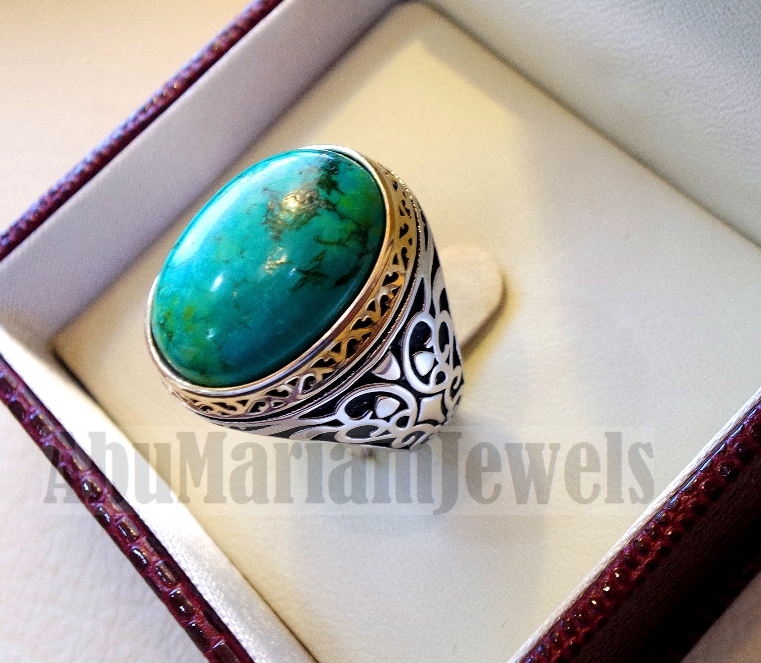 man ring nishapur tibet turquoise blue natural high quality stone sterling silver 925 and gold plated frame gem middle eastern style