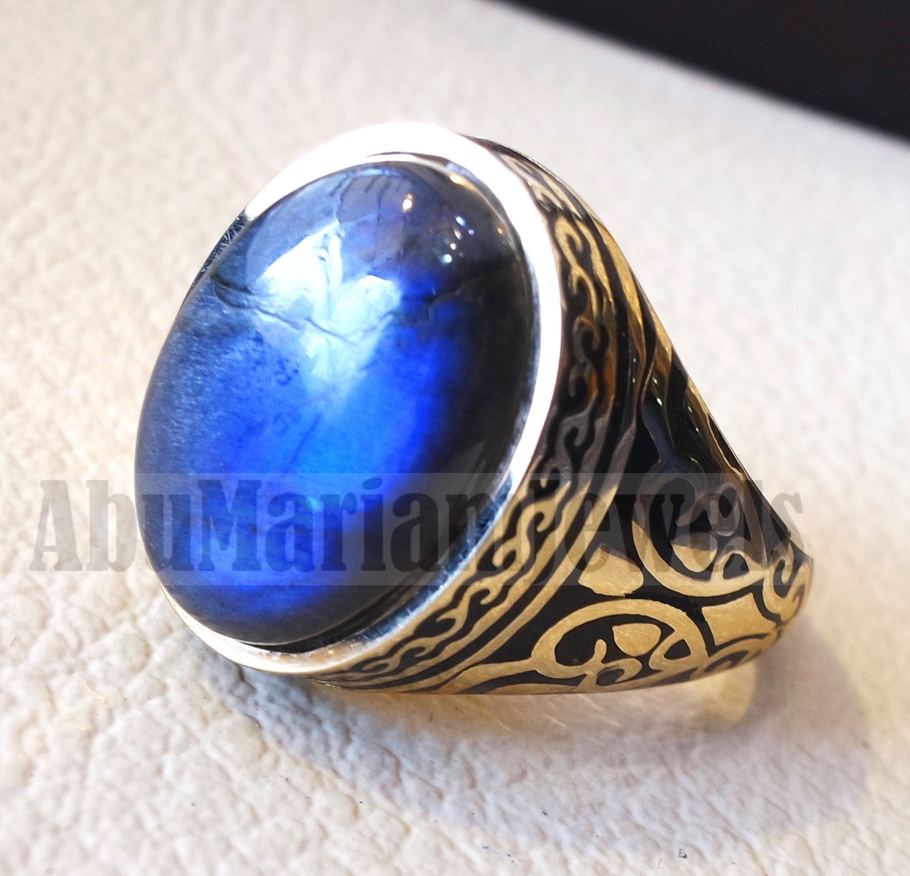 18k gold men ring Labradorite cabochon high quality flashy blue natural stone all sizes Ottoman signet style fine jewelry fast shipping