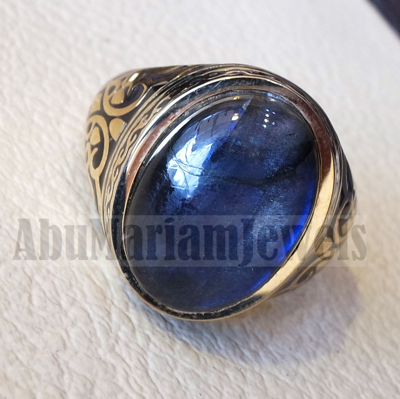 18k gold men ring Labradorite cabochon high quality flashy blue natural stone all sizes Ottoman signet style fine jewelry fast shipping