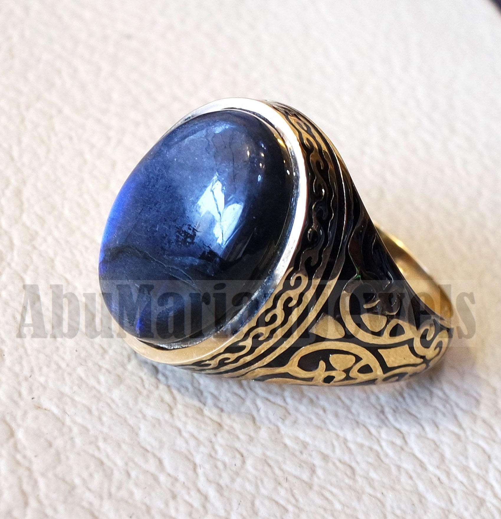 18k gold men ring Labradorite cabochon high quality flashy blue natural stone all sizes Ottoman signet style fine jewelry fast shipping